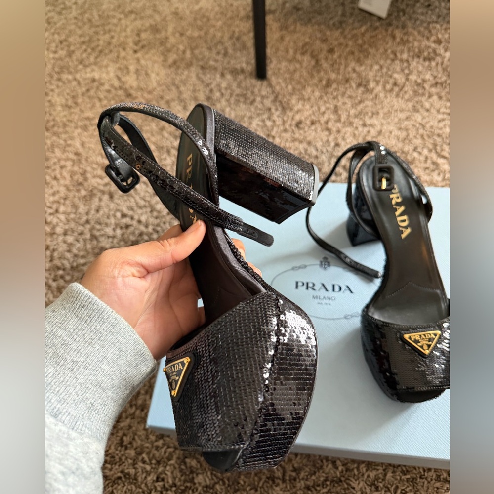Prada Black Sequin Square-Toe Block Heel Sandals - Picture 6 of 6